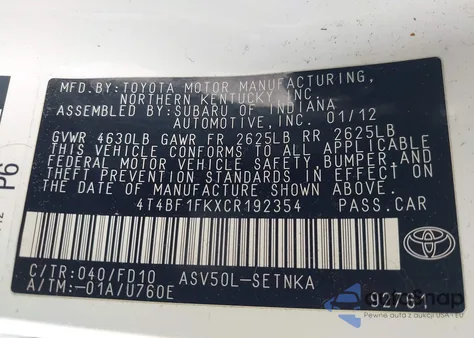 2012 Toyota Camry Le from USA, damaged, VIN 4T4BF1FKXCR192354